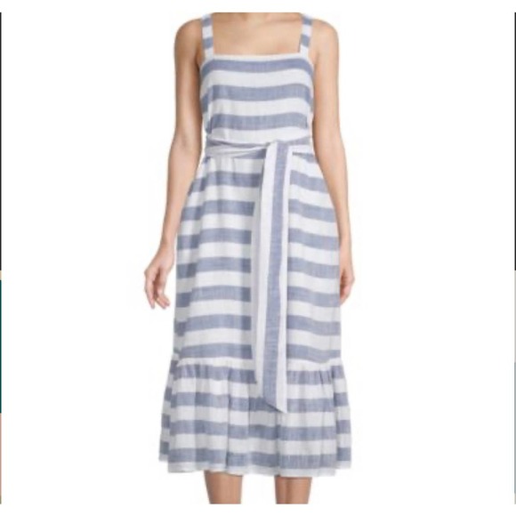 CHELSEA & THEODORE Belted Stripe-Print Sundress Nautical Navy & White SZ SM - Picture 1 of 8